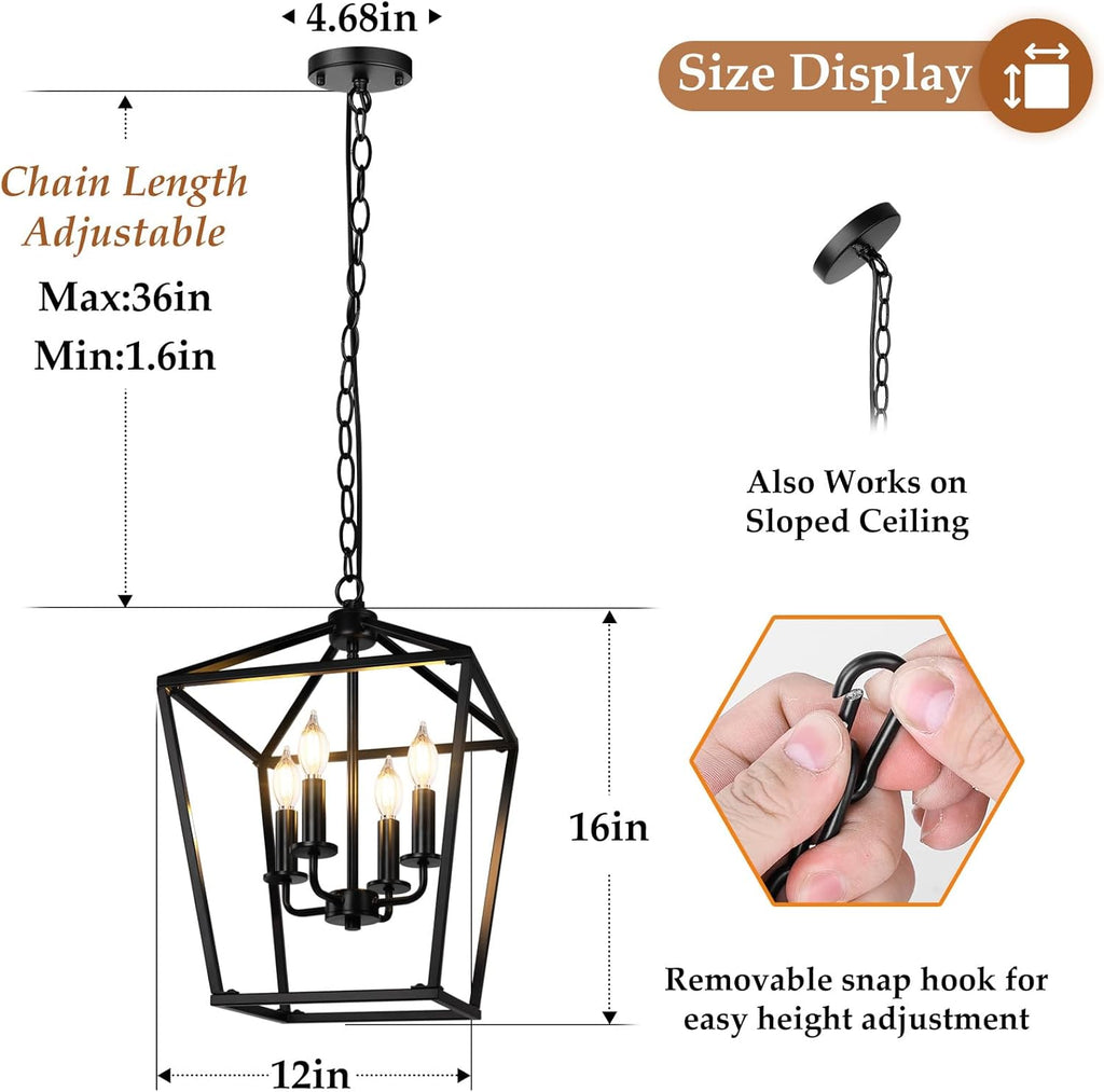 Farmhouse Chandelier 4-Light, Black Pendant Light Fixture for Kitchen Island Dining Room