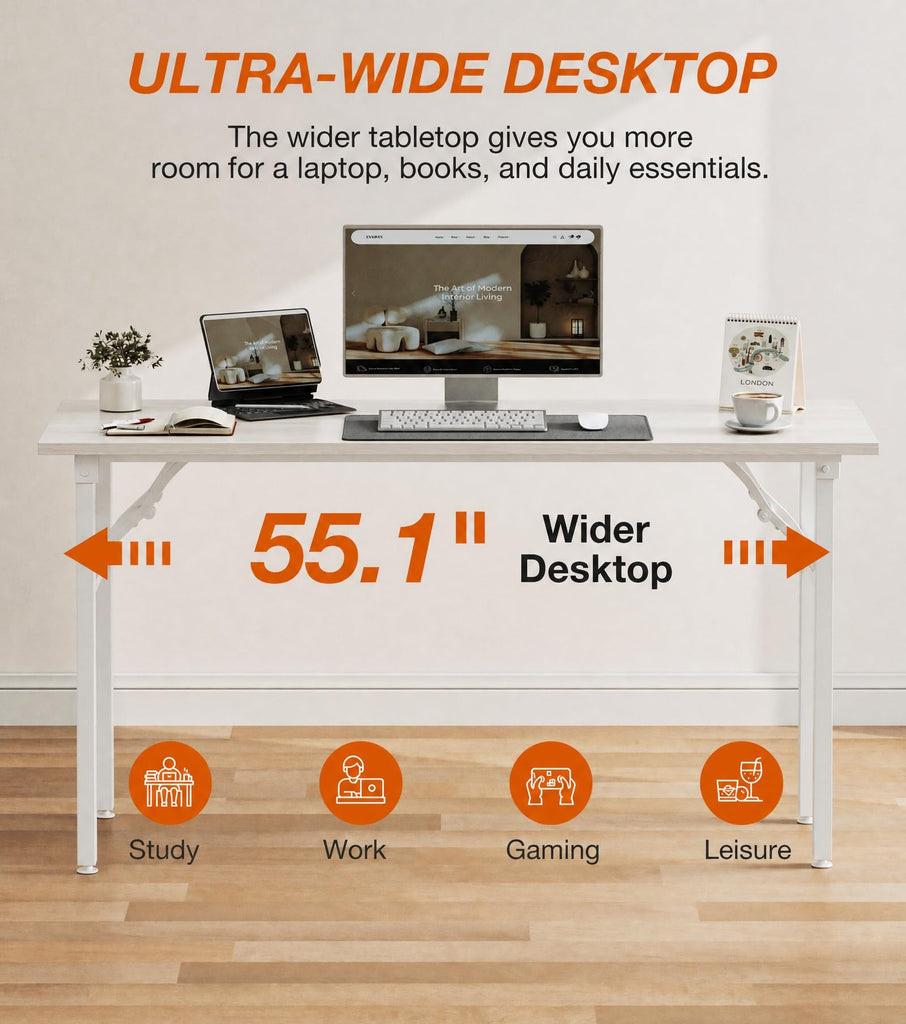 Folding Desk Foldable Table, No Assembly 55.1" Foldable Desk Space-Saving Workstation for Small Space, Computer