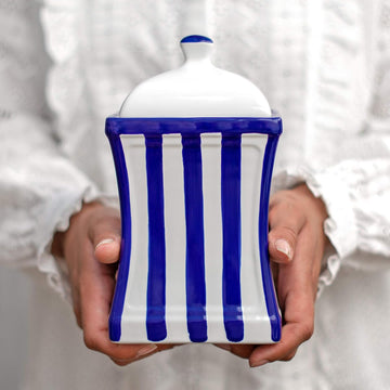 Handmade Dark Navy Blue Stripe Large Ceramic 31.5oz/900ml Kitchen Storage Jar with Lid | Pottery Canister, Cookie