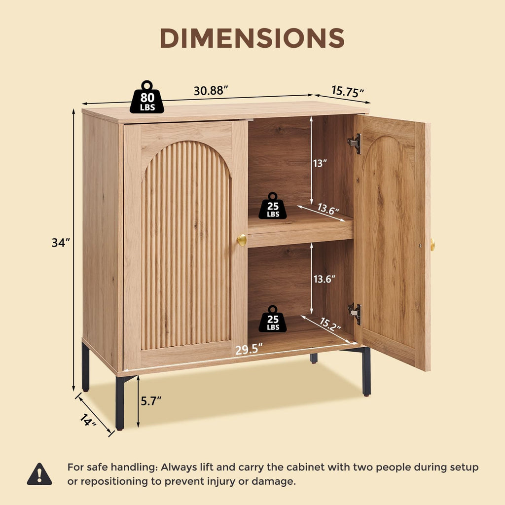 Modern Buffet Cabinet with Storage, 34" Tall Fluted Arched Sideboard Cabinet w/Adjustable Shelves
