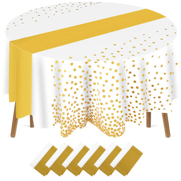84inch Round Disposable Polka Dot Cover, White, Gold, 6 Pcs