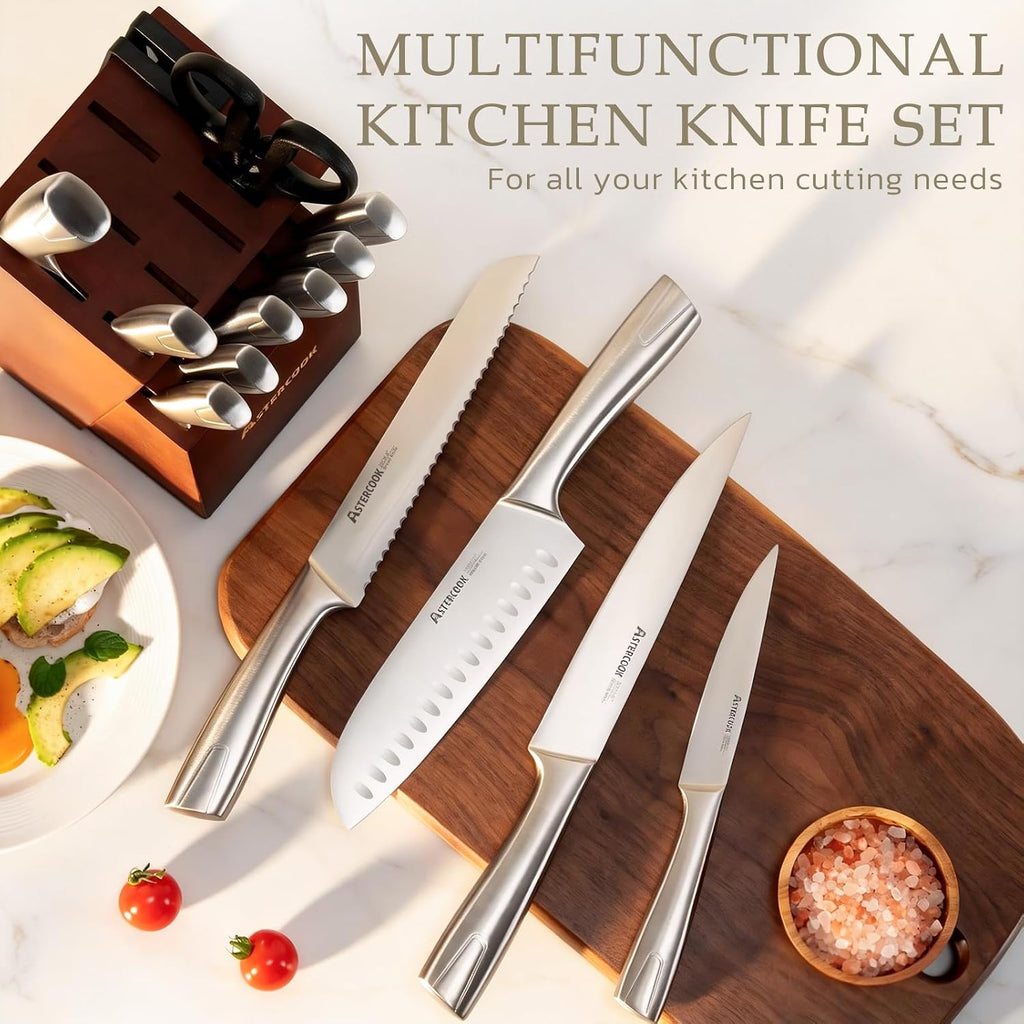 Knife Set, Kitchen Knives Set with Block and Sharpener Full Tang 15 Pcs Stainless Steel Knives, Dishwasher Safe Knife