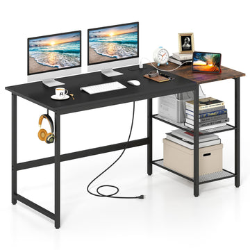 59 Inch Computer Desk with Charging Station, Home Office Desk with Hook & 2 Tier Storage Shelves, Industrial Modern