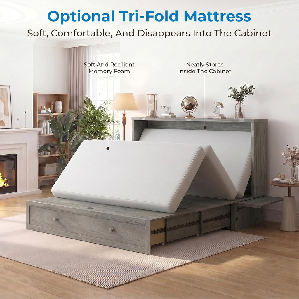 Queen Murphy Bed Cabinet with Tri-fold Mattress, Cabinet Bed with Built-in Charging Station, Storage Drawer, Solid