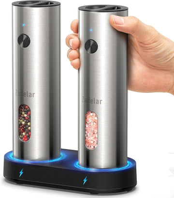 Rechargeable Electric Salt and Pepper Grinder Set with USB-C Charging Base, Stainless Steel Automatic Salt and Pepper - Set of 2