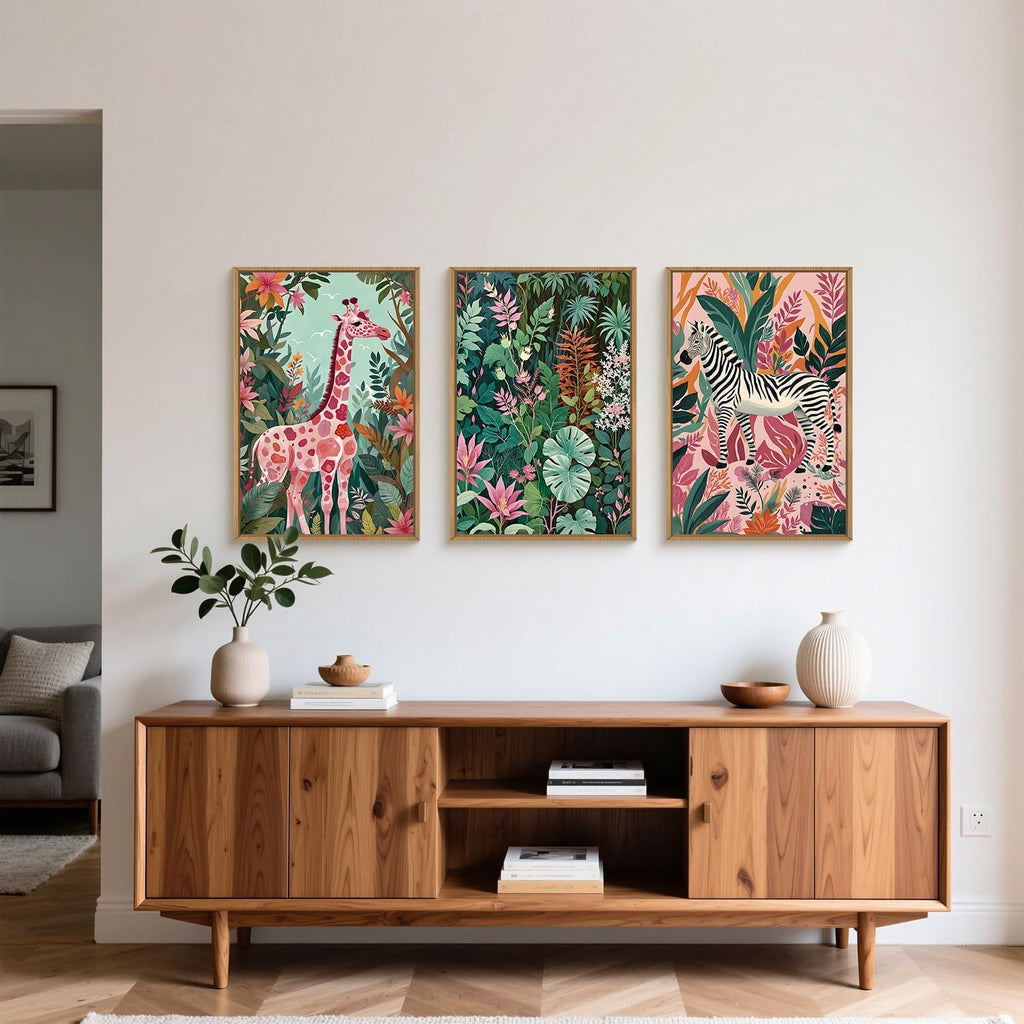 Spring Boho Sage Green Pink Giraffe Zebra Jungle Framed Canvas Wall Art Set,Natural Safari Tropical Wildlife Wall