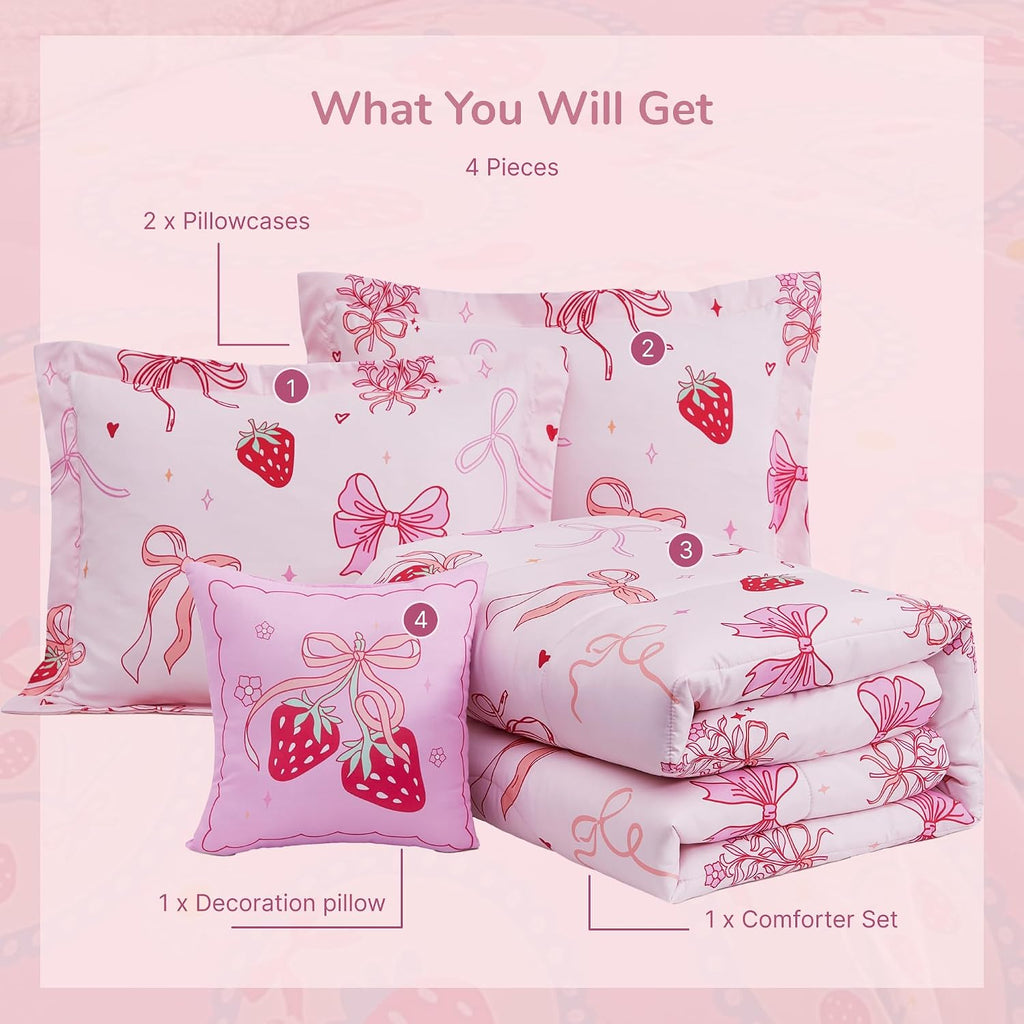 Comforter Set for Girls - 4 Pieces Pink Bow Bedding Sets for Kids, 1 Comforter, 2 Shams and 1 Decor Pillow