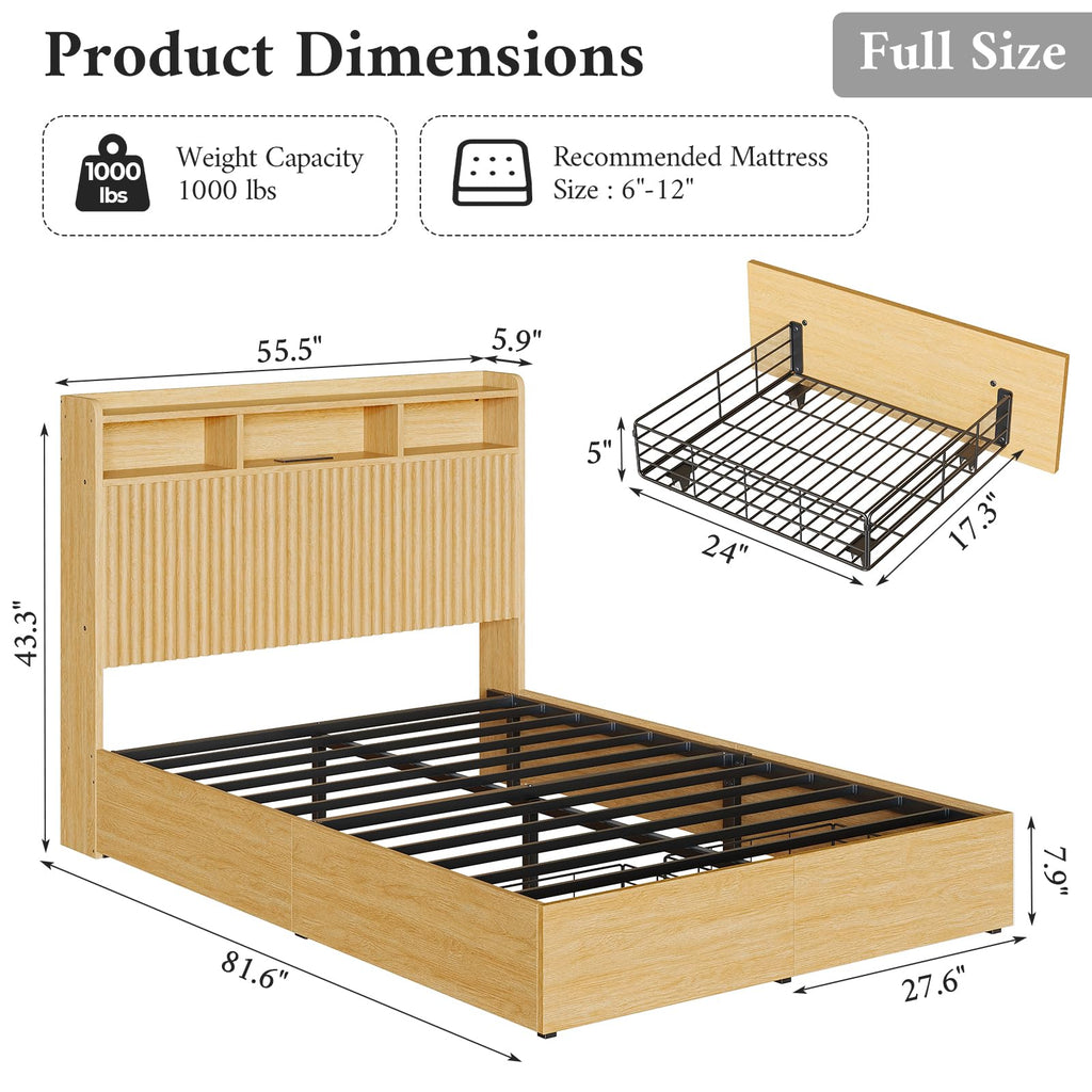 Full Size Bed Frame with Headboard and Storage Drawers, Full Platform Bed Frame with LED Lights and Charging Station