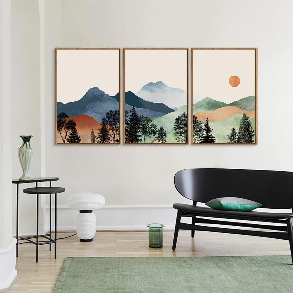 Boho Mountain Framed Canvas Wall Art Set of 3, Watercolor Nature Landscape Art Prints, Modern Sunrise Art Paintings