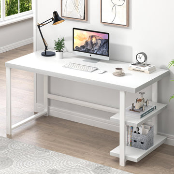 White Computer Desk, Modern Home Office Desk with Storage Shelf, Wood and Metal Writing Study Table Bedroom, 53 Inch
