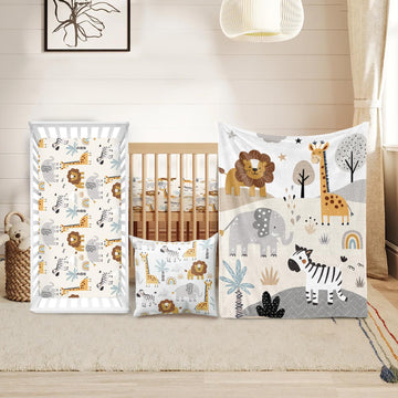 Baby Crib Bedding Set 3 Pcs - Safari Animals Crib Bedding Set for Boys Girls - Jungle Nursery Bed Sets Include Soft
