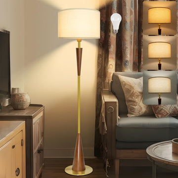 Floor Lamps, 61.5" Wood Floor Lamp, Retro Farmhouse Standing Lamp Includes 9W Bulb with 3-Color Temperature, Tall Lamp
