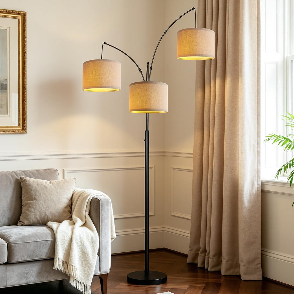Dimmable 3 Lights Floor Lamp - 3000LM Super Bright Arc Floor Lamps, Modern Tall Standing Lamp With Beige Shades