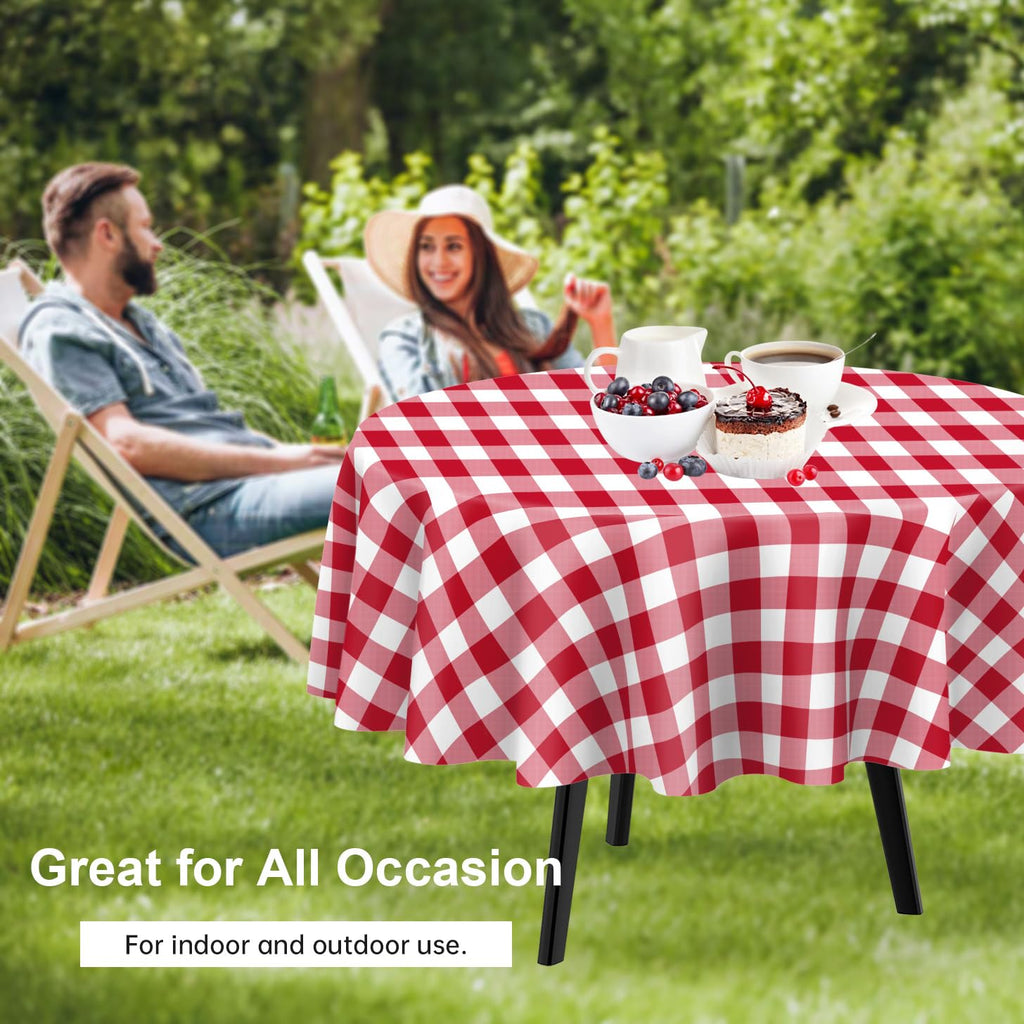 12 Pack Red Gingham Round Plastic Tablecloth, Picnic Table Cover