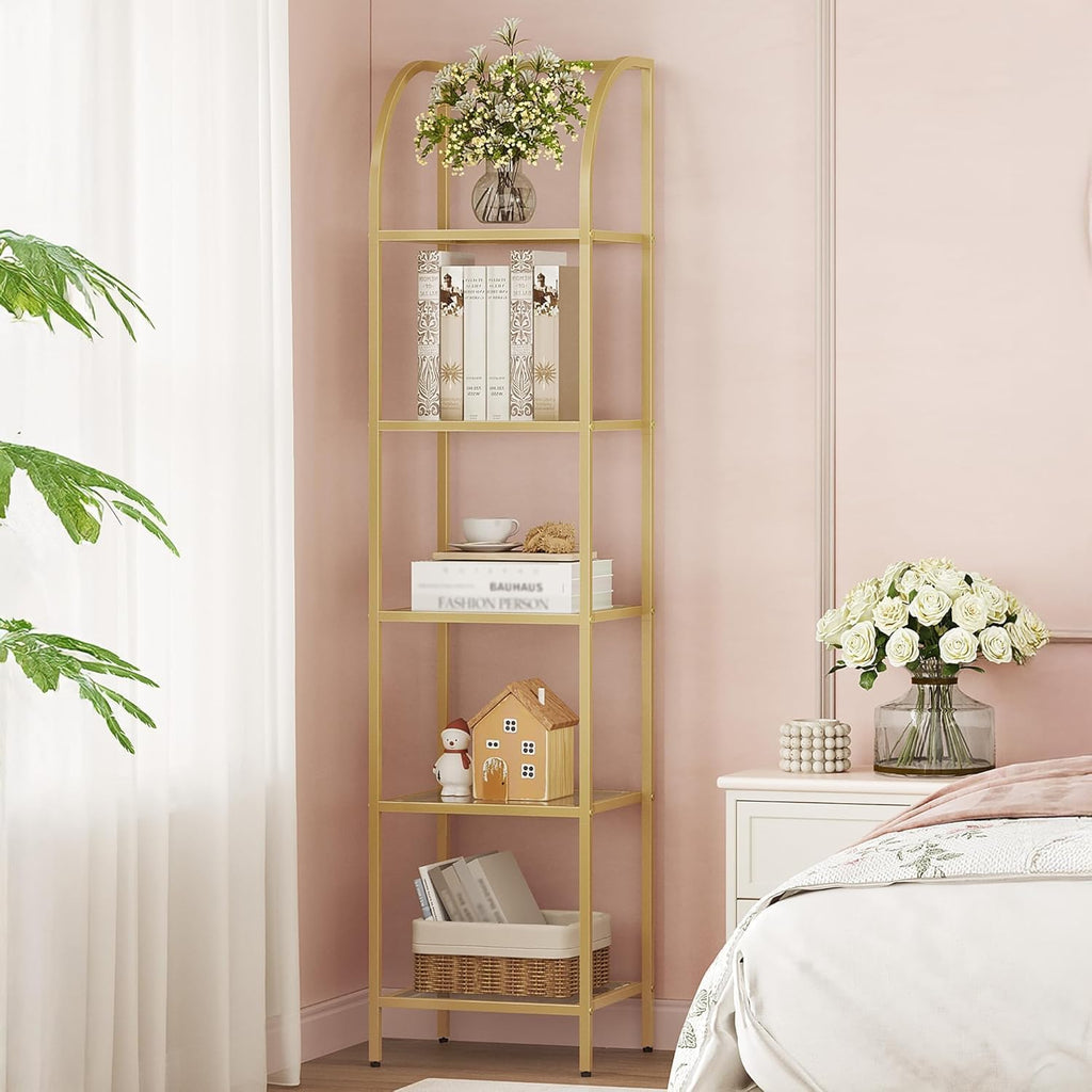Bookcase Bookshelf, Tempered Glass Arched Bookshelf for More Storage, Slim Shelving Unit, Steel Frame