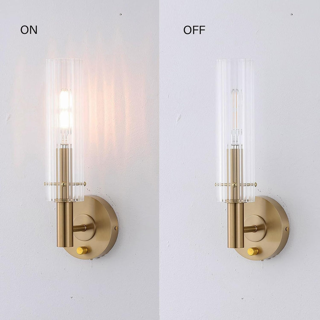 Modern Wall Sconces with Dimmer ON/Off Switch Gold Brushed Brass Bathroom Vanity Light Fixtures Striped Clear Glass