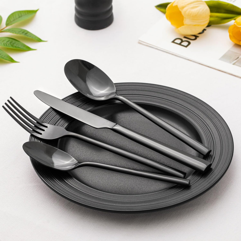 Black Silverware Set, 20-Piece Forged Flatware Set Cutlery Set Premium Stainless Steel, Service for 4