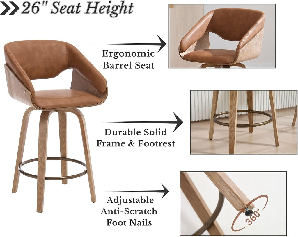 26 Inch Swivel Bar Stools with Back Set of 4, Brown Faux Leather Upholstered Counter Height Barstools with Solid