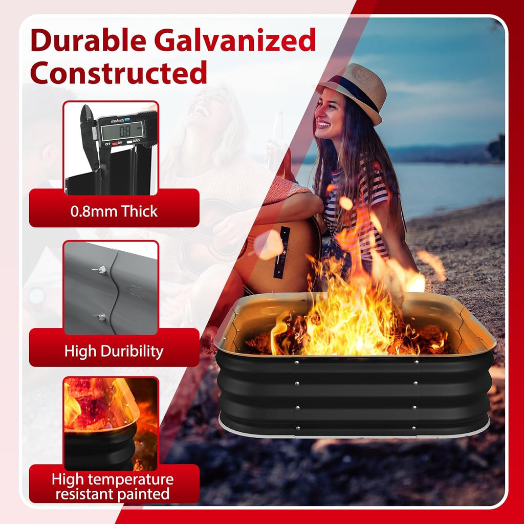 Fire Pit 36 Inch, Height 11.5 Inch, Square Galvanized Steel Fire Pit for Outside, Heavy Duty Steel Fire Pits In-Ground