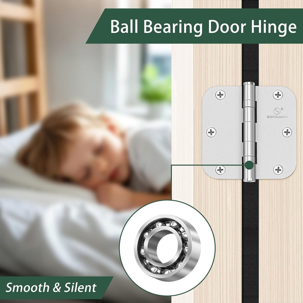 304 Stainless Steel 3.5 Inch Door Hinges Brushed Satin Nickel Interior Hinges 5/8" Radius Corners 3.5'' Ball Bearing