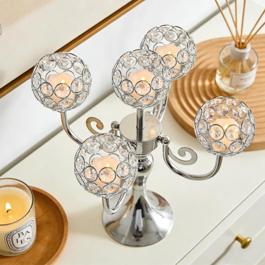 5 Arm Metal Crystal Candelabra Centerpiece - 13.4 Inch Elegant Candle Holder with Crystal Beadsation (2, Silver)