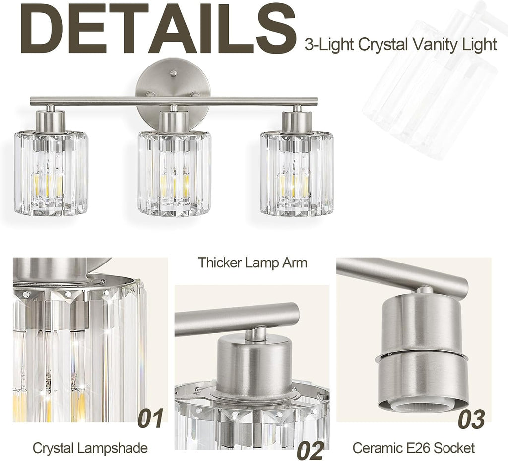 Modern Brushed Nickel Crystal Bathroom Light Fixtures,3-Light | Bathroom Lighting Fixtures over Mirror,Vanity Lights