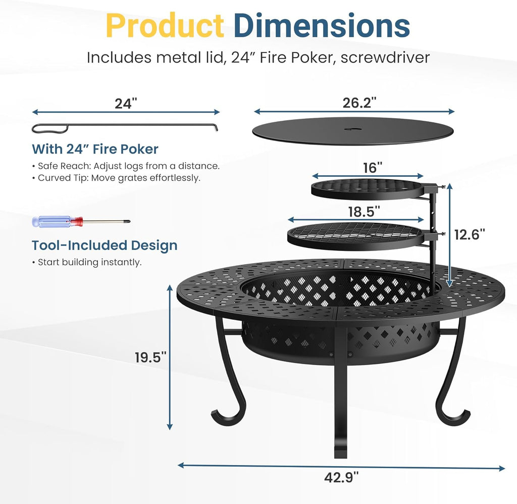 43 Inch Fire Pit - Wood Burning with Grill Table