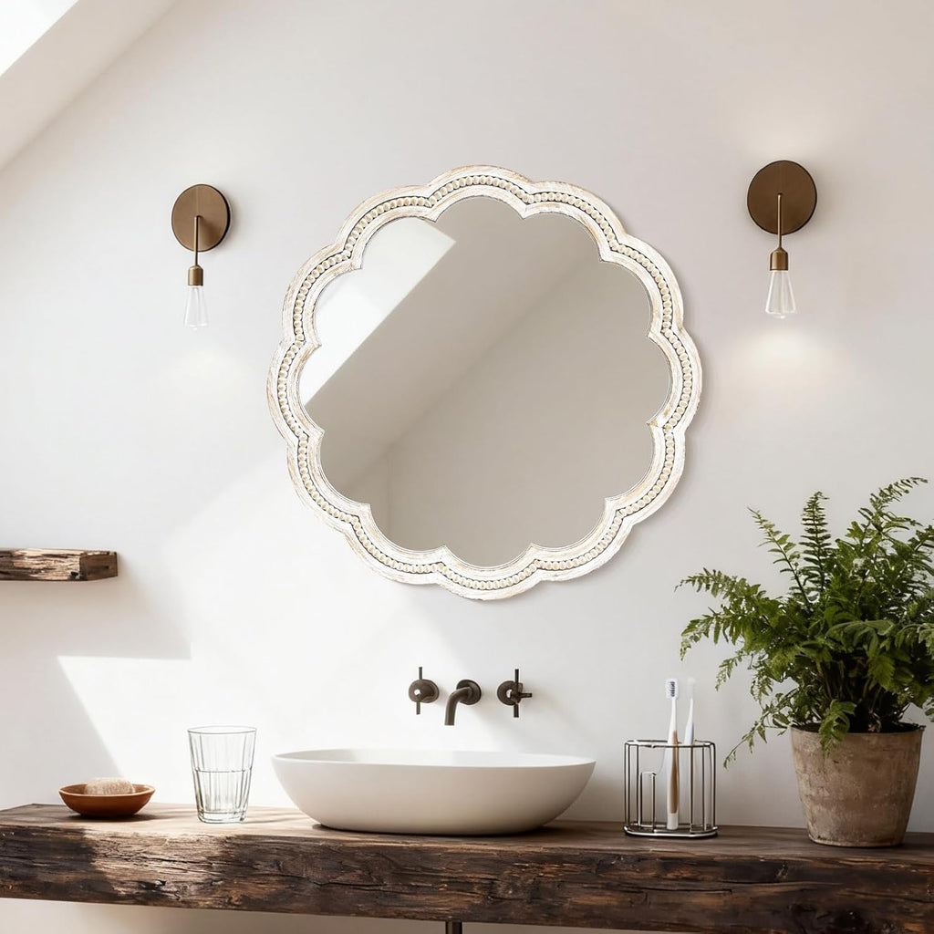 24 Inch Round Wall Mirror, Whitewashed Wooden Frame with Scalloped Edge & Beaded Trim, Decorative Farmhouse Boho Mirror