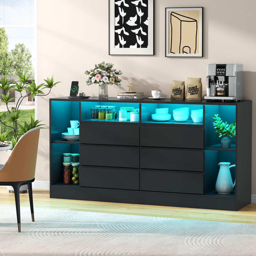 6 Drawers Dresser with 6 Open Storage Cubbies, LED with Power Outlet, 55" Wide Long Dresser, Modern TV Stand with