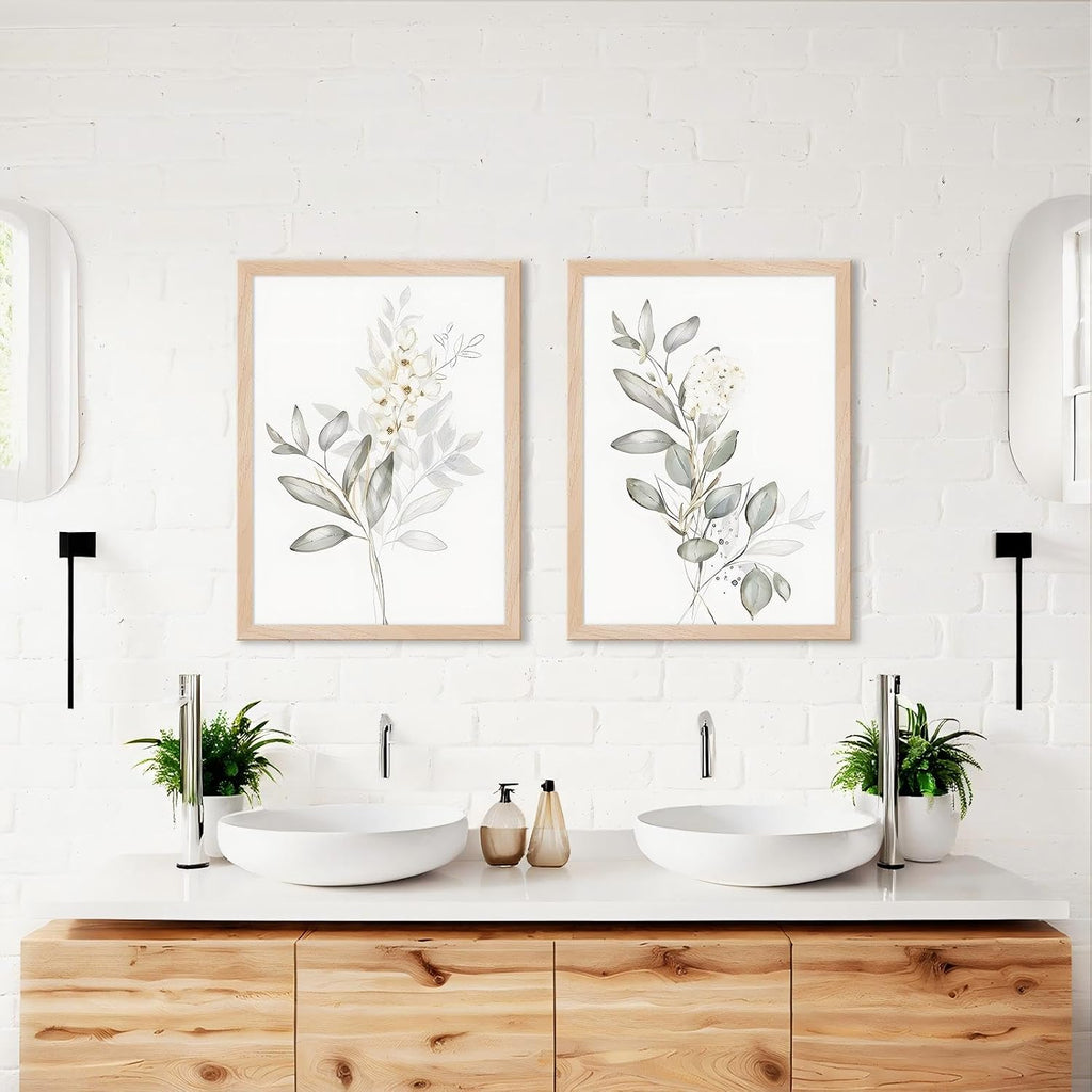 Framed Botanical Wall Art Set of 2 Minimalist Floral Canvas Prints with Solid Wood Frame & Acrylic Cover, Neutral