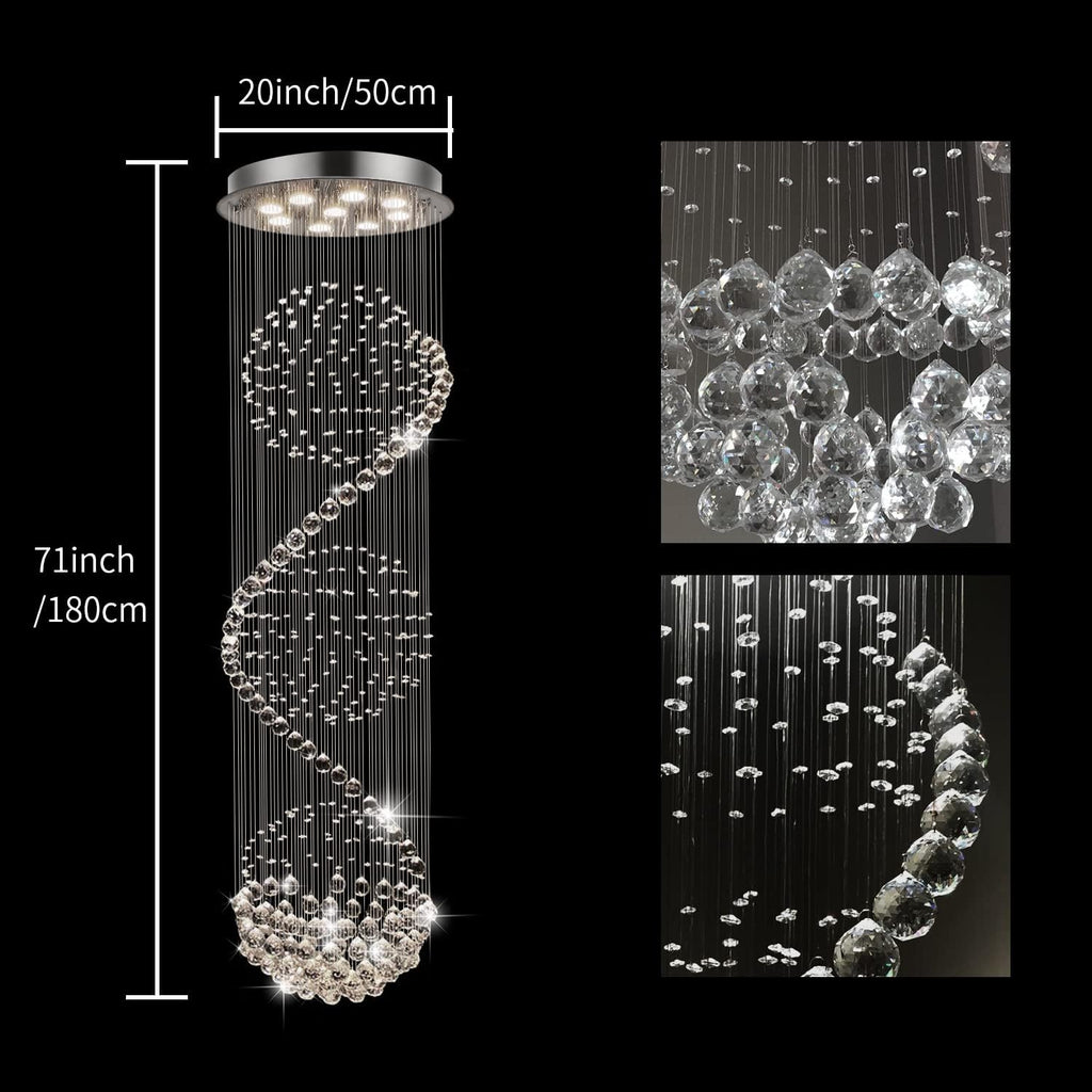 Modern Spectacular Spiral Sphere Rain Drop Chandeliers, k9 Crystal Chandeliers Ceiling Light Fixture for Hallway, Foyer Staircase Light for High Ceilings, Romantic Deco Lamp 20" X 71"