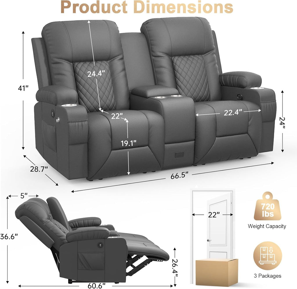 Loveseat Recliner Sofa, Home Theater Seating with Center Console