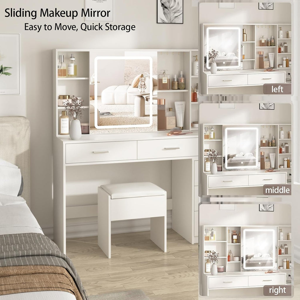 Vanity Desk with Mirror and Lights, Makeup Vanity with 5 Drawers, Makeup Desk with Charging Station and Ample