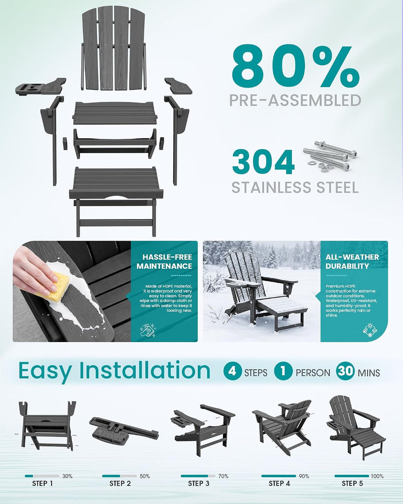 Folding Adjustable Adirondack Chair with Footrest, HDPE Outdoor Chair with 4-in-1 Cup Holders, All Weather Adirondack