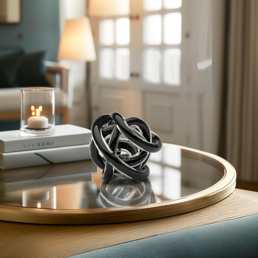 Orbit Hand Blown Glass Infinity Knot Sculpture - 3 Inch Glass Art Black Knot Decor Ball Decor, Small Centerpiece