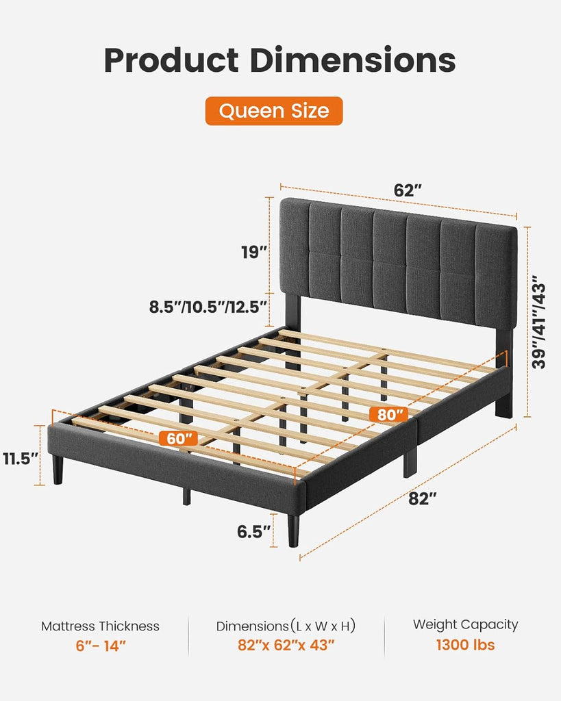 Queen Bed Frame with 12 Thickened Legs&Fabric Upholstered Headboard,1300 lbs Strong Weight Capacity