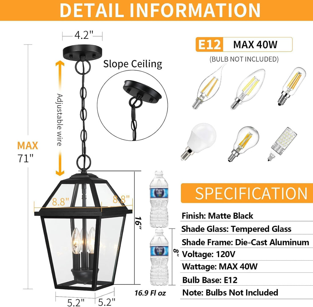 Modern 3-Light Large Outdoor Pendant Light for Porch, 16" Matte Black Exterior Hanging Light Fixture
