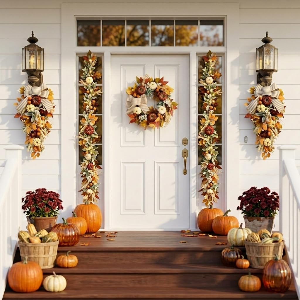 20'' Fall Wreaths for Front Door with LED Lights