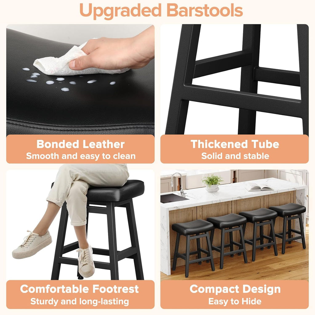 Counter Height Bar Stools Set of 2, 24 Inch Barstools Counter, Kitchen Stools with Bonded Leather Saddle Seats