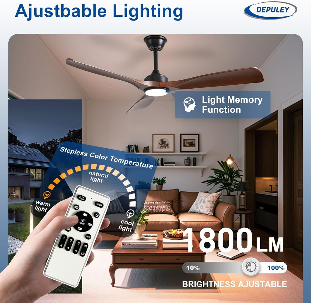 52-Inch Ceiling Fan with Light: Walnut 3 Blade Outdoor Fans for Patios - Dimmable Indoor Fan with Remote APP Control Ultra Quiet DC Motor Reversible 6 Speed Timer
