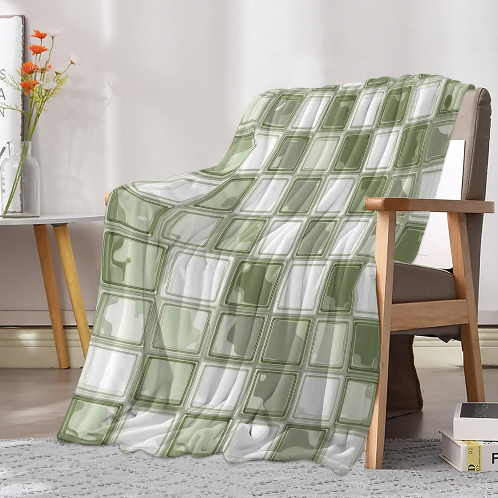 Coastal Aesthetic Throw Blanket Boho Sage Green Squares Mosaic Flannel Cozy Soft Warm Fleece Blankets, 50 x 60 inch