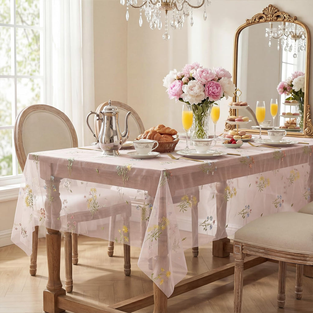 Embroidery Flower Pink Tablecloth 60×84 Inch Rectangular
