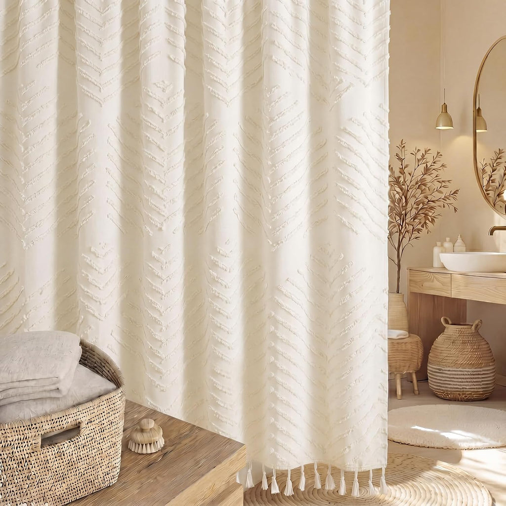 Cream White Boho Shower Curtain 72 x 72'' Neutral Textured Shower Curtain Woven Fabric Bathroom Curtains with Tassel