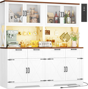 71" Kitchen Pantry Cabinet with LED Light & Outlet, Microwave Stand