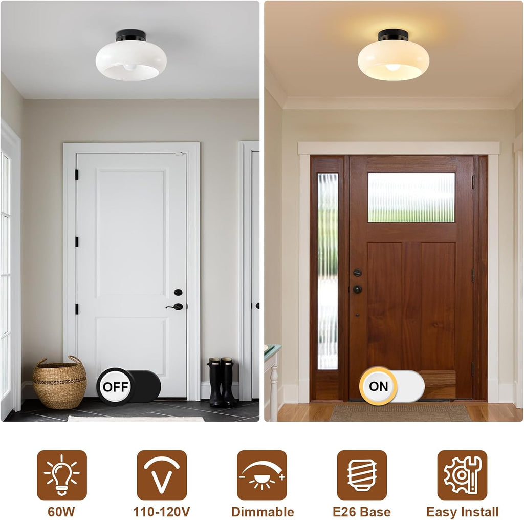 Mid-Century Modern Black Semi Flush Ceiling Light 11.0 Inch | Small White Glass Shade Close to Ceiling Lighting