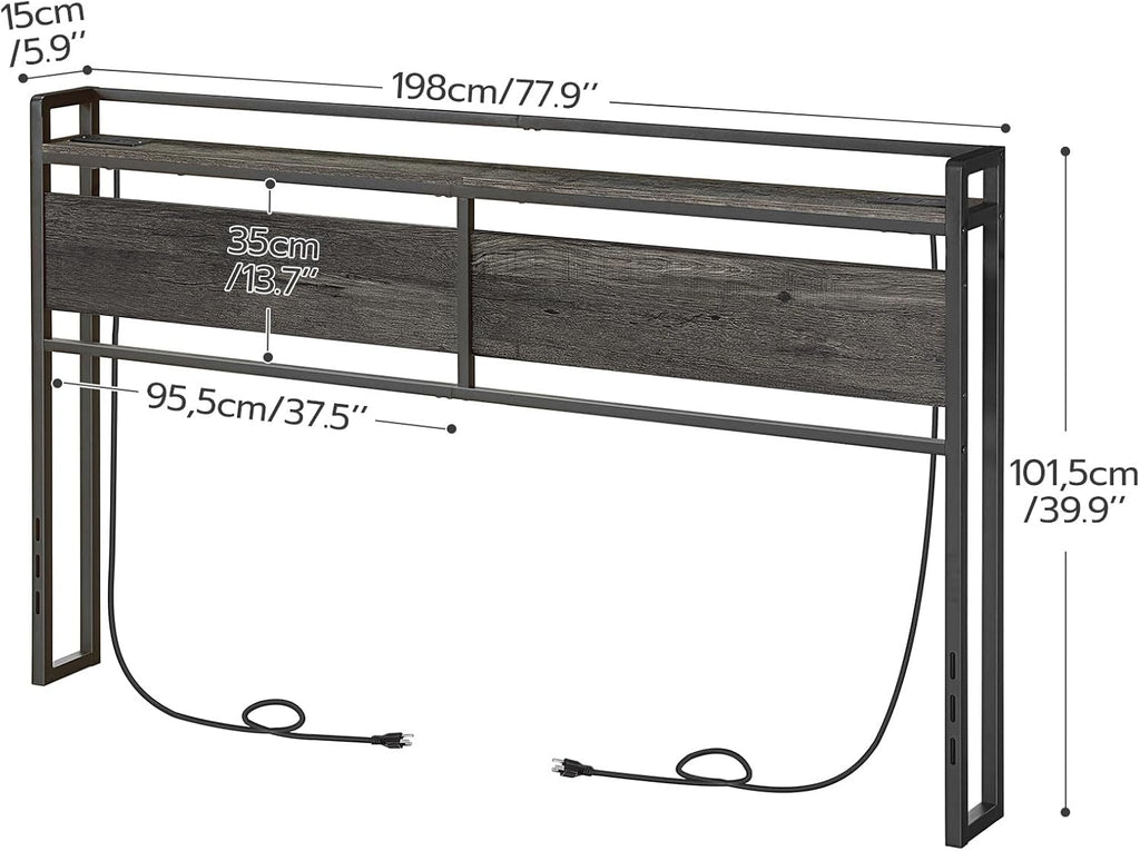 King Headboard, Headboard with 2 Outlets and 4 USB Ports, Adjustable Height, Storage Rack, Sturdy and Stable
