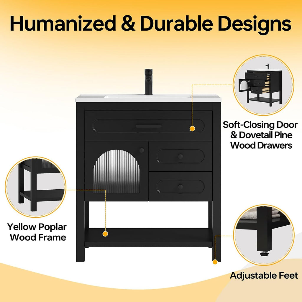 30" Black Freestanding Bathroom Vanity with Sink - Vanity Cabinet with Adjustable Feet