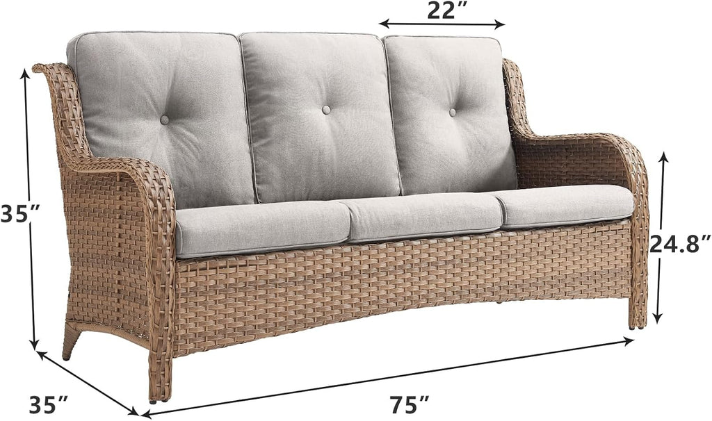 Outdoor Patio Wicker Sofa 900Lbs Weight Capacity, Large 3 Seater Wicker Patio Couch with 4in Seat Cushions and Deep