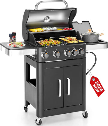 2-in-1 Propane Gas Grill with Side Burner, 4-Burner Flat Top Grill, 46,700 BTU Outdoor BBQ Propane Griddle for Patio, Backyard, and Camping