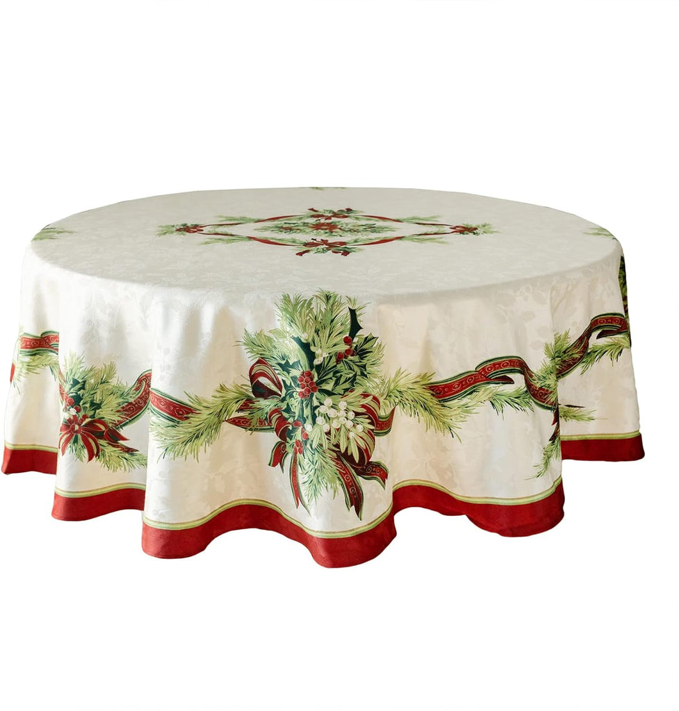 Christmas Ribbons Engineered Printed Fabric Table Cloth, Winter, Holiday and Christmas Tablecloth (7